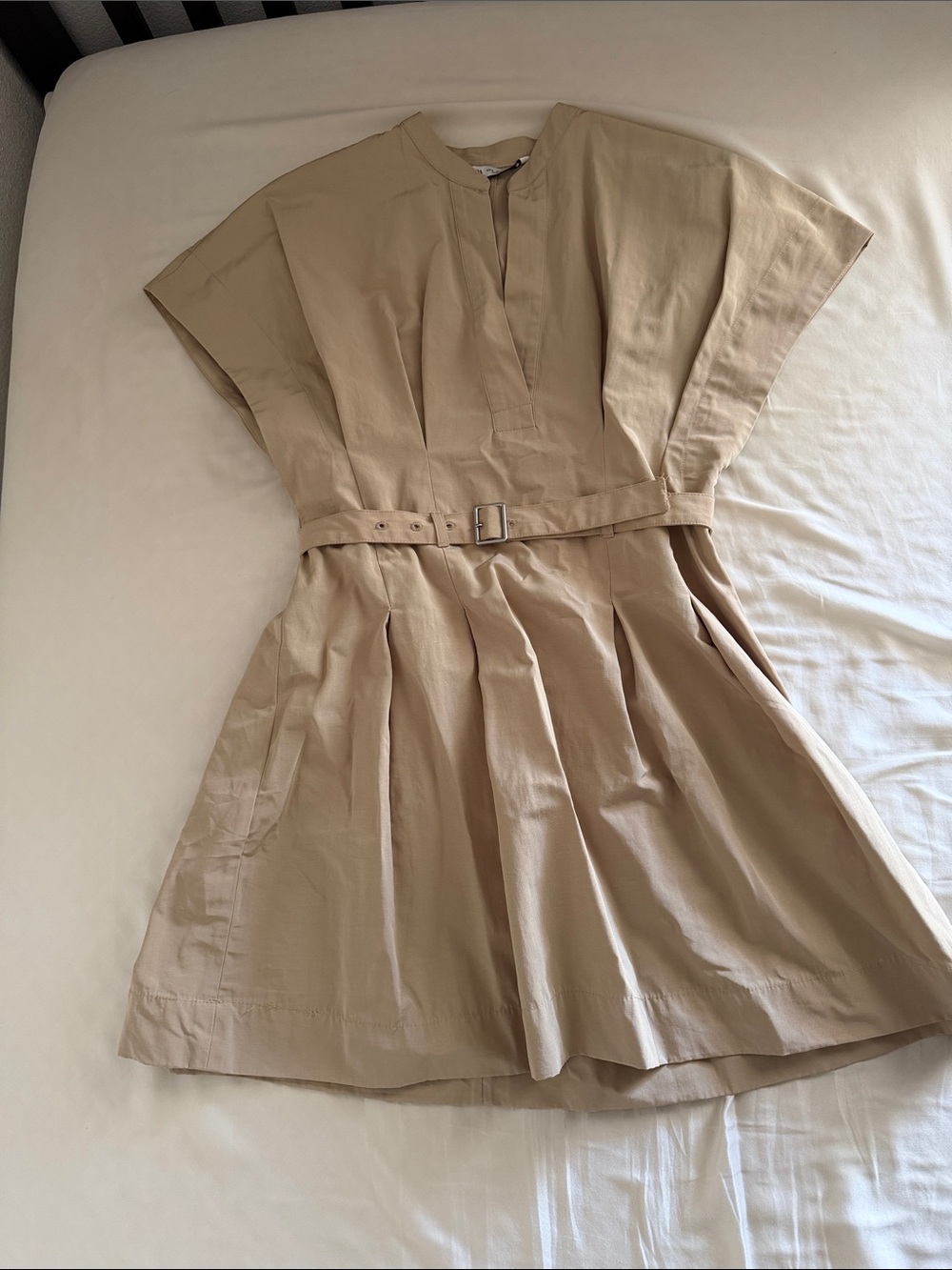 Classic Beige Belted Pleated Mini Dress